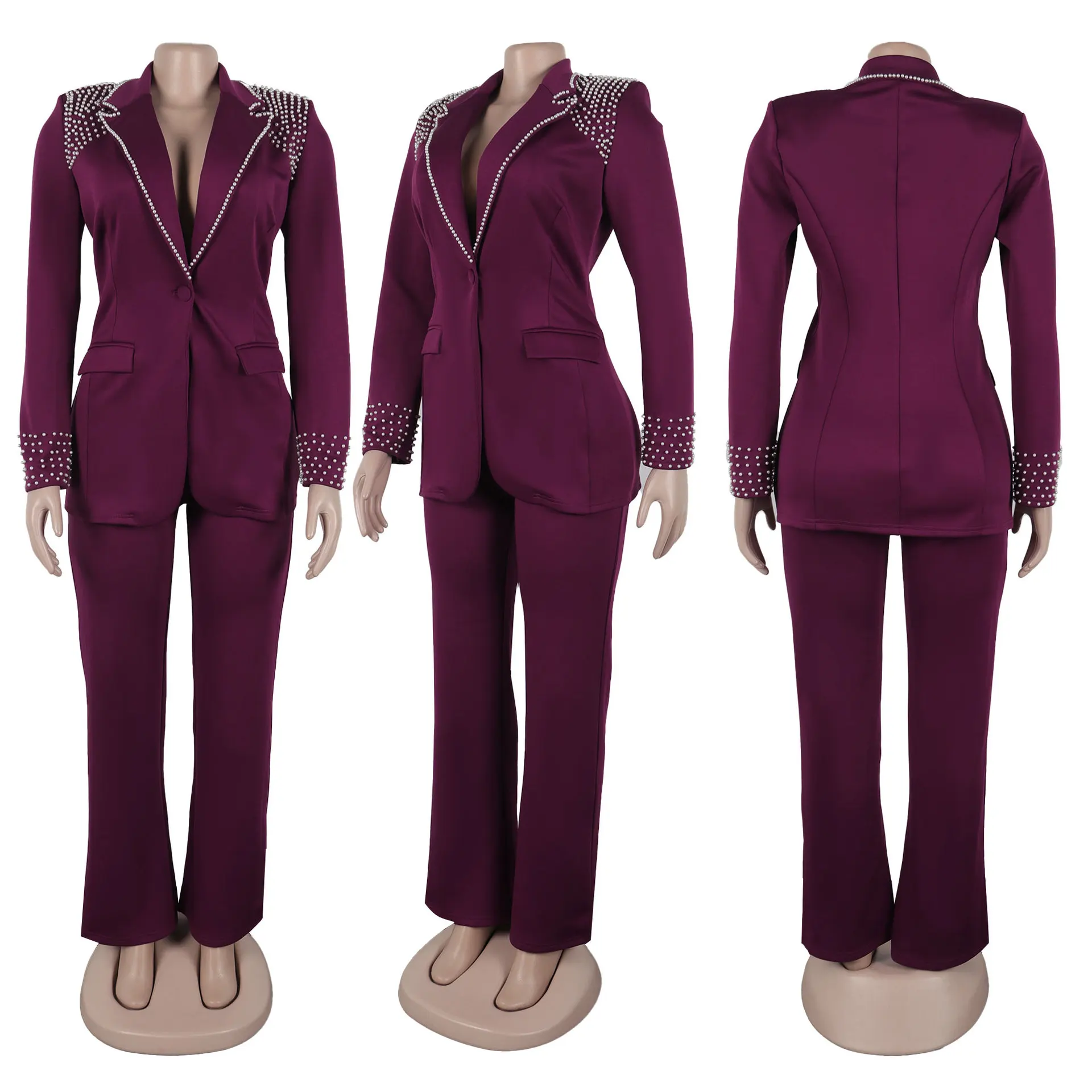HLJ Elegant Lady Pearls Blazer Two Piece Sets Women V Neck Long Sleeve Slim Top And Pencil Pants Outfits Casual OL Clothing
