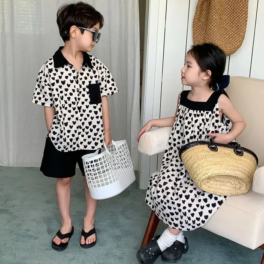 Boys Girls Matching Brother And Sister Clothes 2024 New Korean Children\'s Clothing Set Baby Girls Dress Kids Boys Two Piece Suit