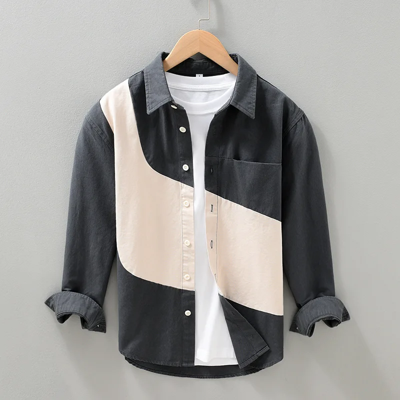 2096 100% Katoen 100 Core Mannen Streep Patchwork Lange Mouwen Shirts Spring Fashion Casual Losse Revers Blouse Mannelijke Zachte gezellige Tops