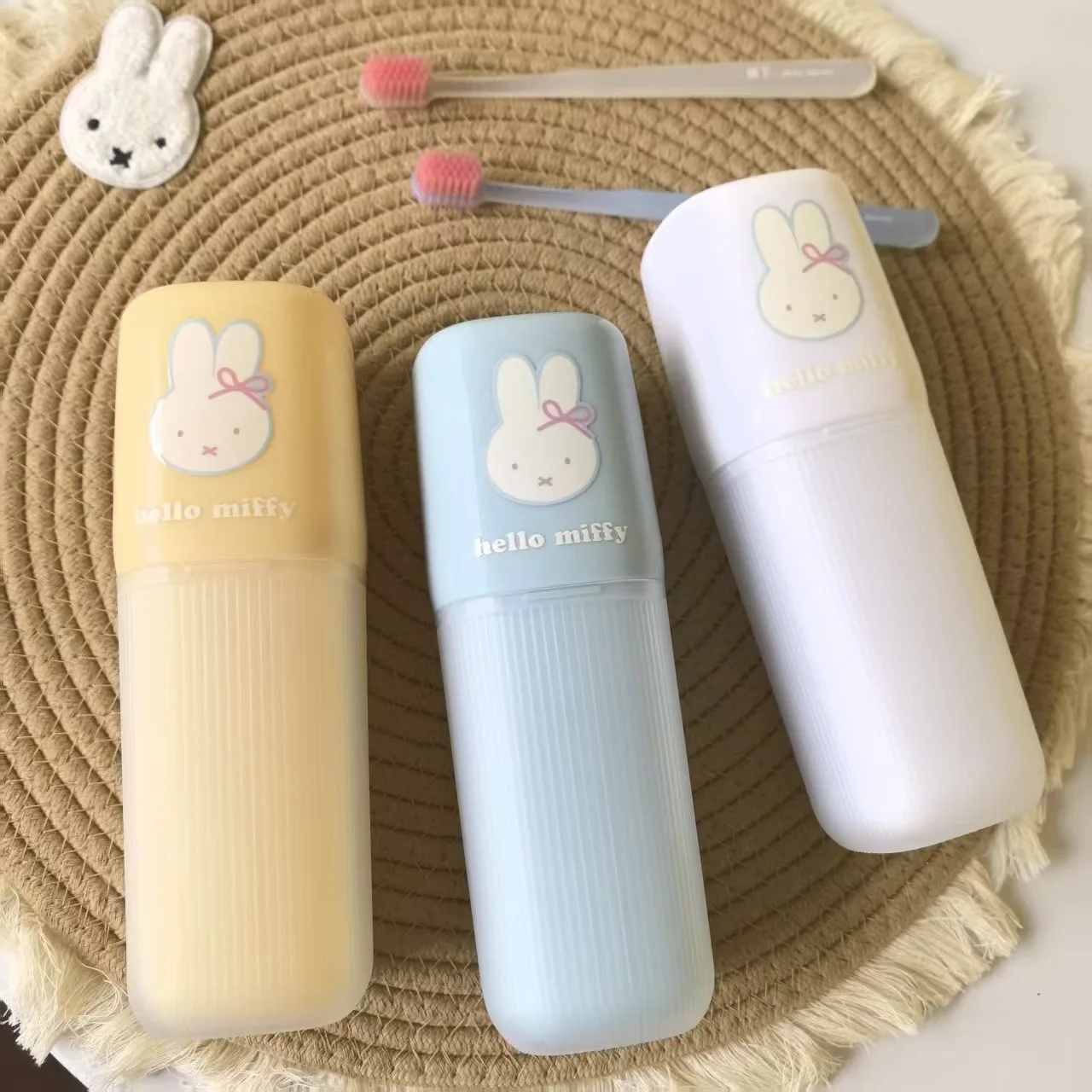 Cute Miffy 3 in 1 Travel Rinsing Cup Portable Toothbrush Cup Toothbrush Holder Storage Box Wash Set for School Student Dorm