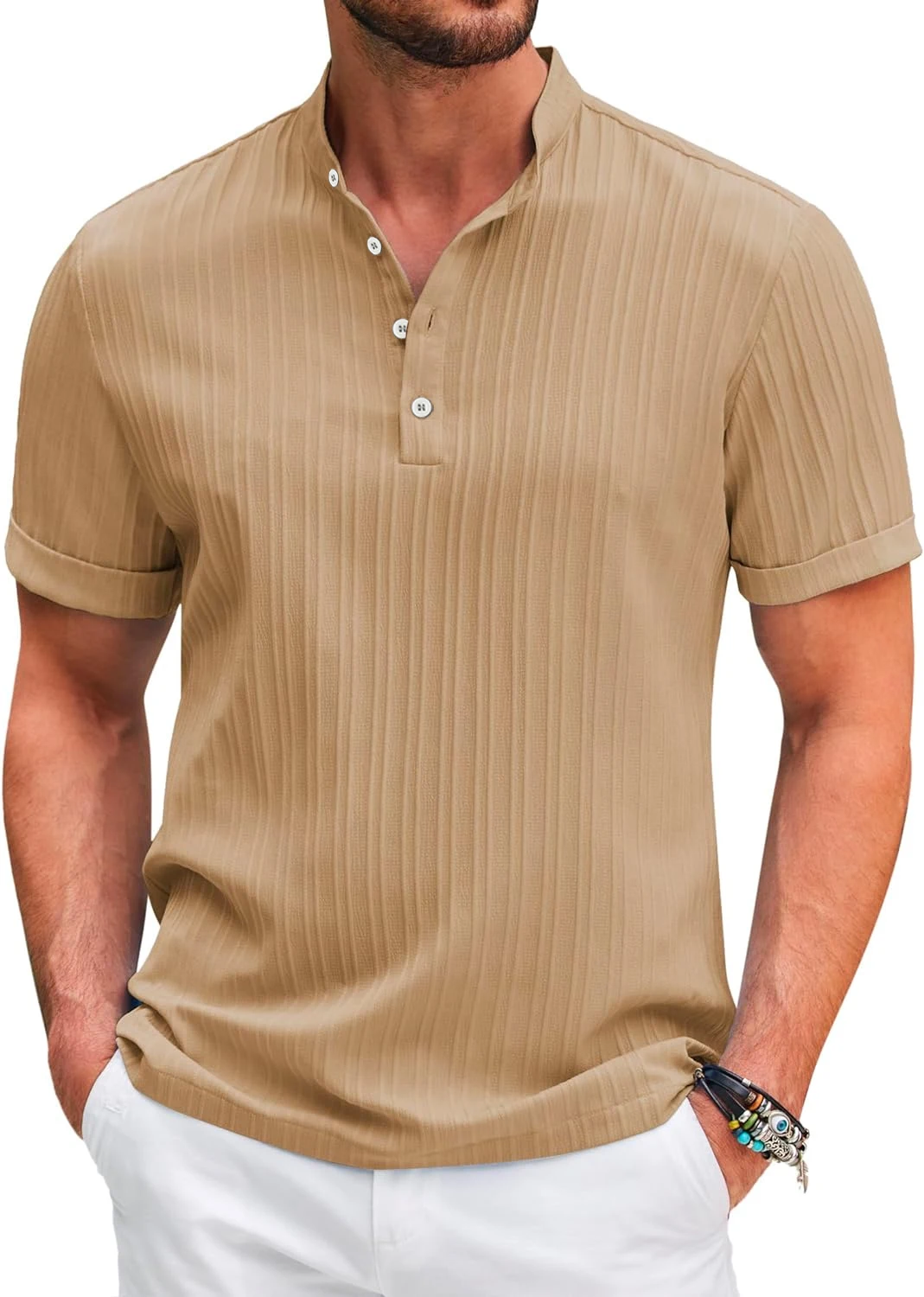 Camisa a rayas para hombre, ropa informal de manga corta con cuello levantado, estilo Harajuku, para playa y verano, novedad de 2024