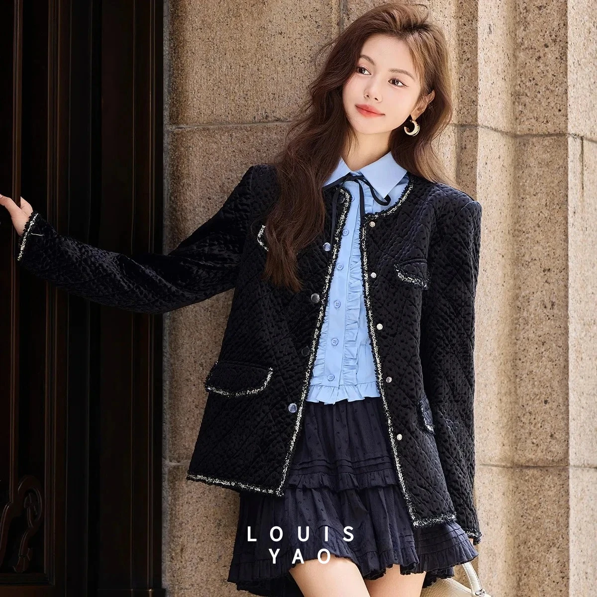 LOUISYAO Woven Tape Diamond Grid Velvet Coat Women 2025 Autumn Winter Thick Warm Jacket Casual Streetwear Outerwear
