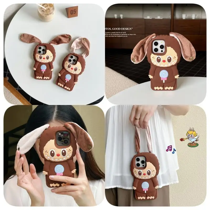 Kawaii Labubu Cute Ears Handheld Wristband 3D Silicone Anti Drop Phone Case for 16 15 14 13 12 11 Pro Max Y2 Case Cartoon Gift