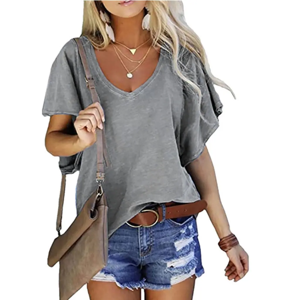 

Women's Solid Color Lotus Leaf Sleeve V-neck Short Sleeve Top T-shirt Loose Fit for Spring And Summer European American Style