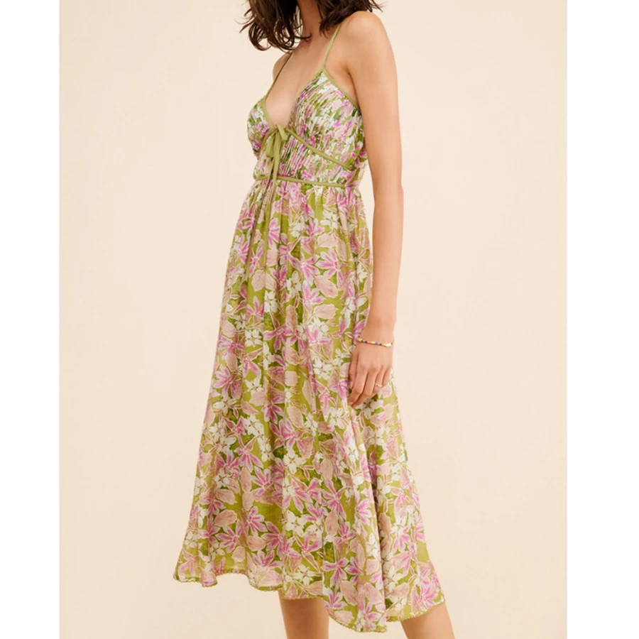Prairie Chic Robe longue à nouer sur le devant pour femme, col en V, sans manches, bretelles spaghetti, imprimé floral, robe de vacances