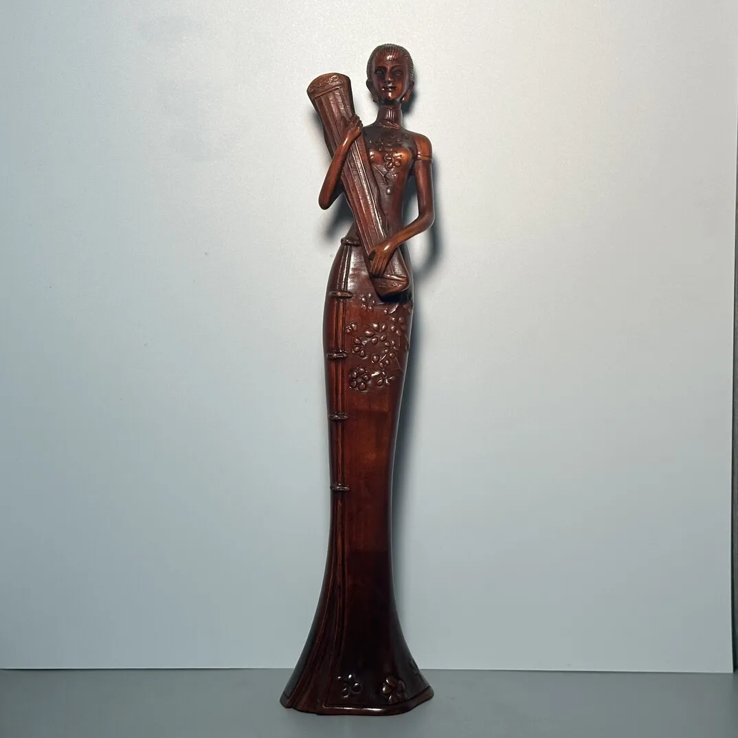 11.4" Chinese Box-wood Guzheng Cheongsam Beauty Beautiful Woman Stand Statue