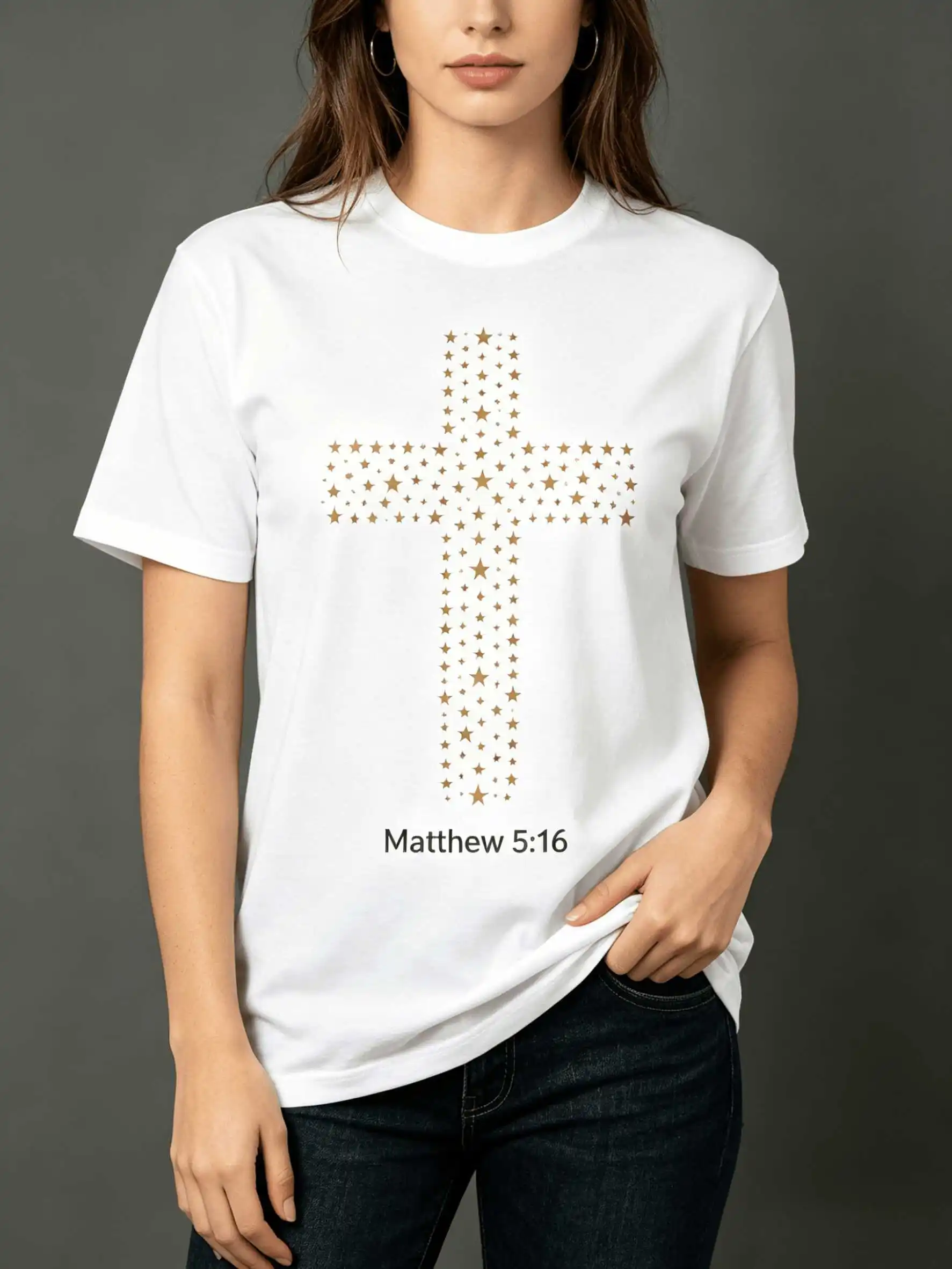 Summer Natural Cotton Matthew 5:16 Star Cross Tee US Local Shipping Quiet Luxury Faith Gift S-5XL