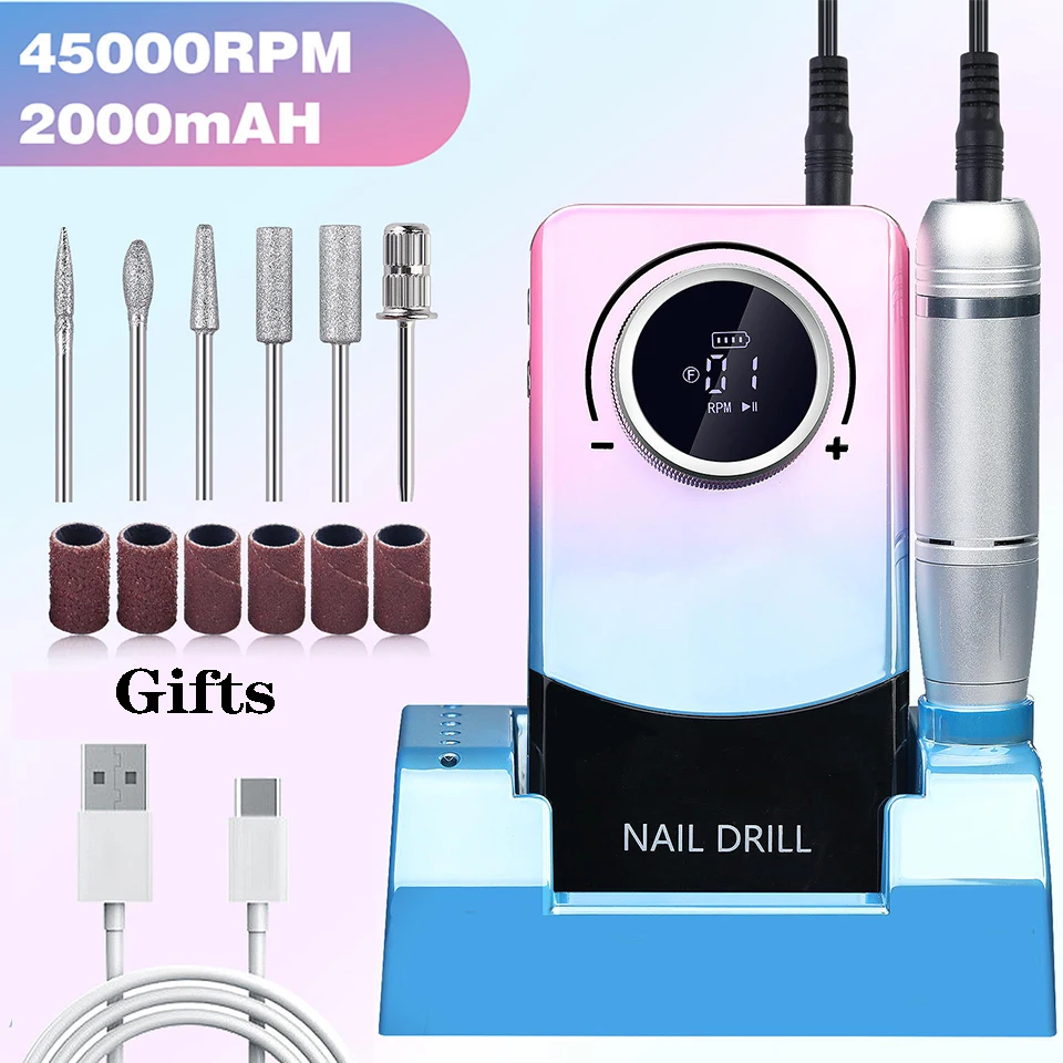 آلة حفر الأظافر 45000 دورة في الدقيقة أداة تلميع الأظافر الكهربائية القابلة لإعادة الشحن لإزالة جل الأكريليك