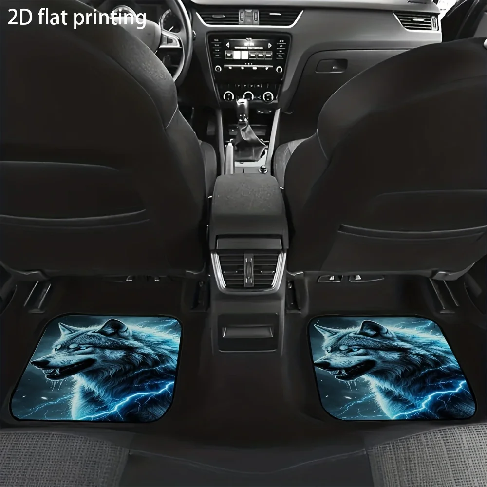 4pcs Car Floor Mats, Blue Lightning Wolf Head Design, Universal Car Mats, Made Of Polyester Fiber, Easy To Clean, Automotive Dec