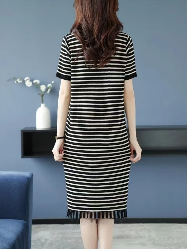 Verano suelto de punto cuello largo Dr mujer Faion diseño rayas A-Line falda fibra de poliéster ort Sve Dr