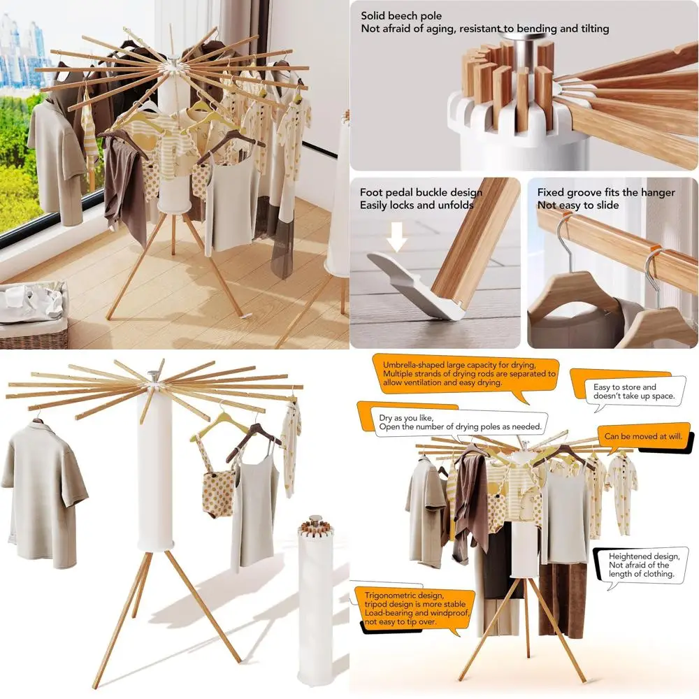 

Collapsible Laundry Drying Rack with 16 Wooden Poles for Floor Standing Use
