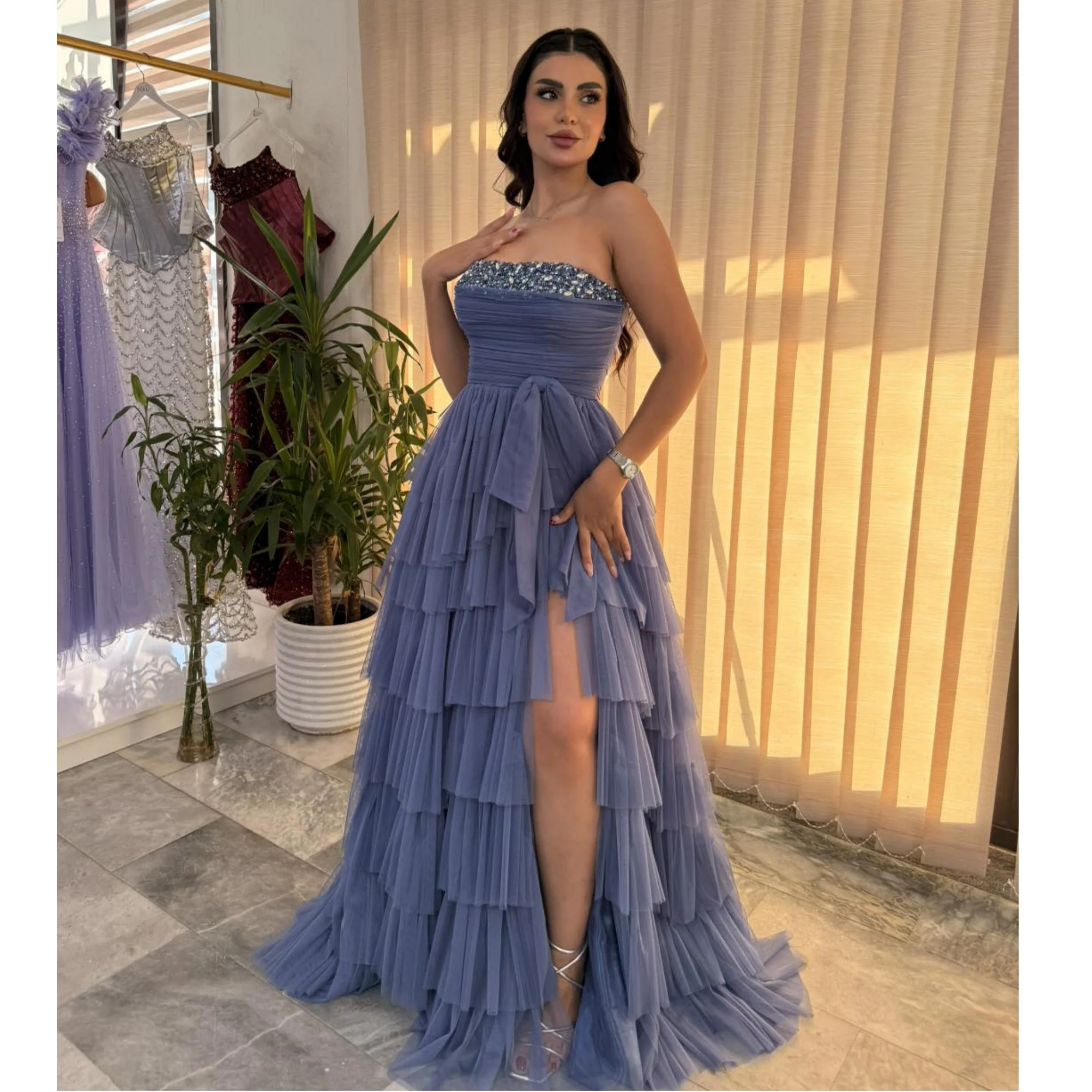 Illusion Blue Evening Dresses Charming A Line Tiered Ruffled Prom Gowns for Dubai High Slit Tulle Vestido de  Gala Customized