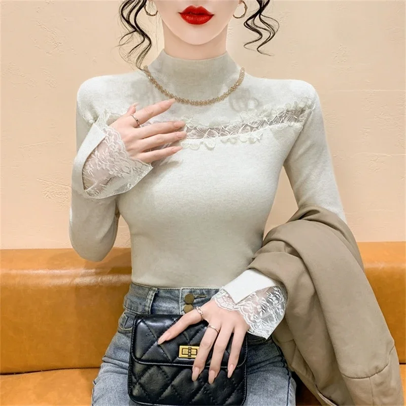 

Sueters De Mujer вязаный свитер с длинными рукавами, женские пуловеры, новый кружевной вязаный свитер с воротником-стойкой, пуловер, женские топы, трикотаж Q2128