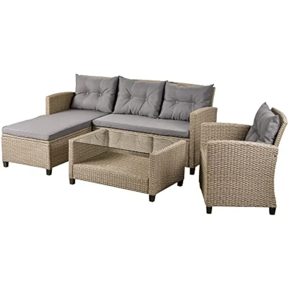 Lazy Sofa Beige Bruin 4 Stuks Pe Rotan Sofa Set Inclusief L-Vormige Bank Buiten Patio Gesprek Meubilair Aan Het Zwembad