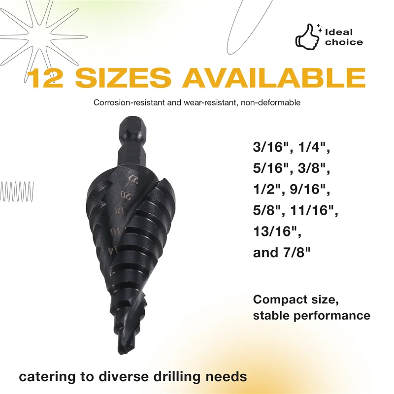 

A76X-ступенчатое сверло, 12 размеров ступеней по металлу, диапазон от 3/16 до 7/8 дюйма, кобальтовая четыреспиральная канавка M35, шестигранный хвостовик 1/4 дюйма