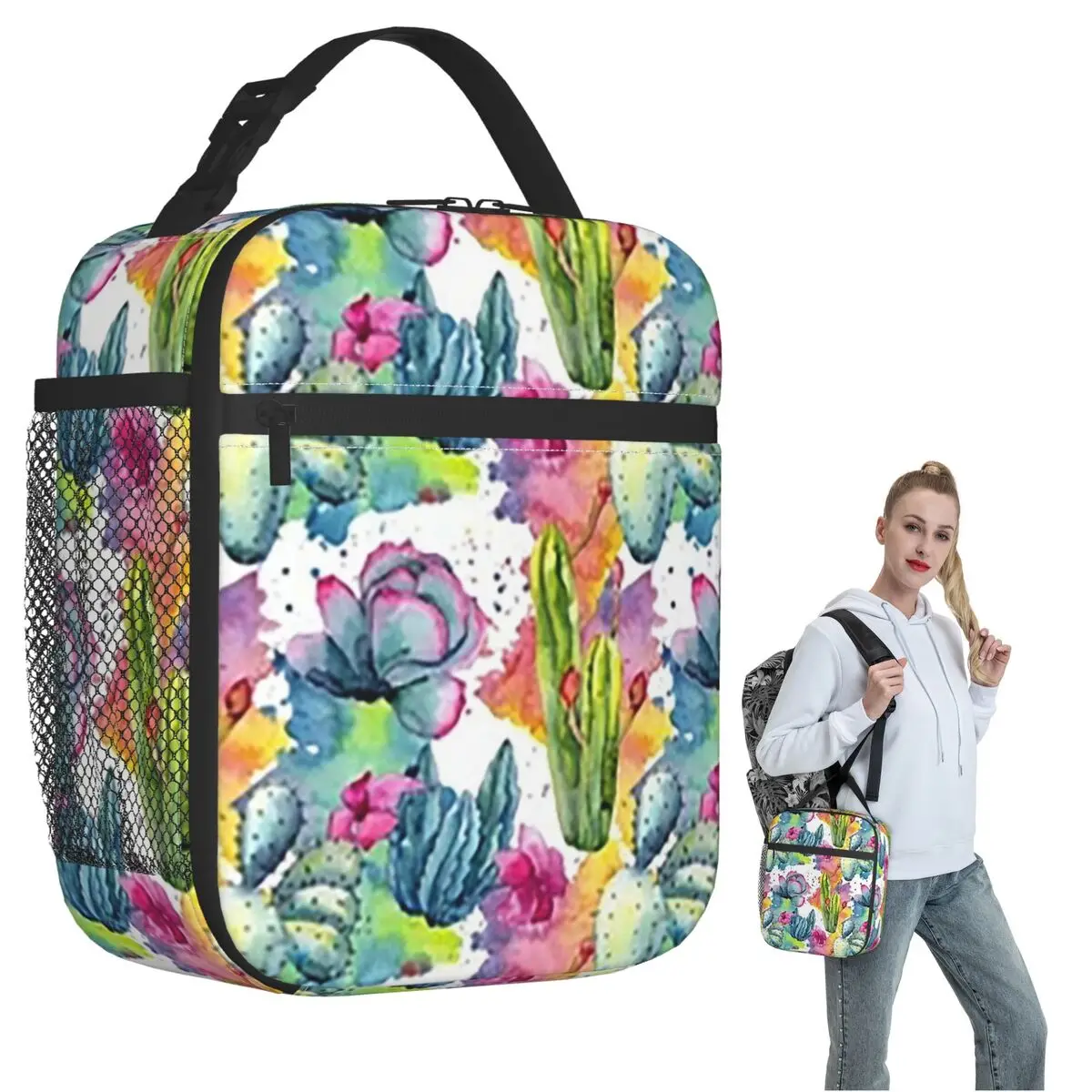 Exotic Wildflower Cactus Pattern Watercolor Style Stylish Insulated Lunch Bag for Women Children Food Boxes Thermal Lunch Box
