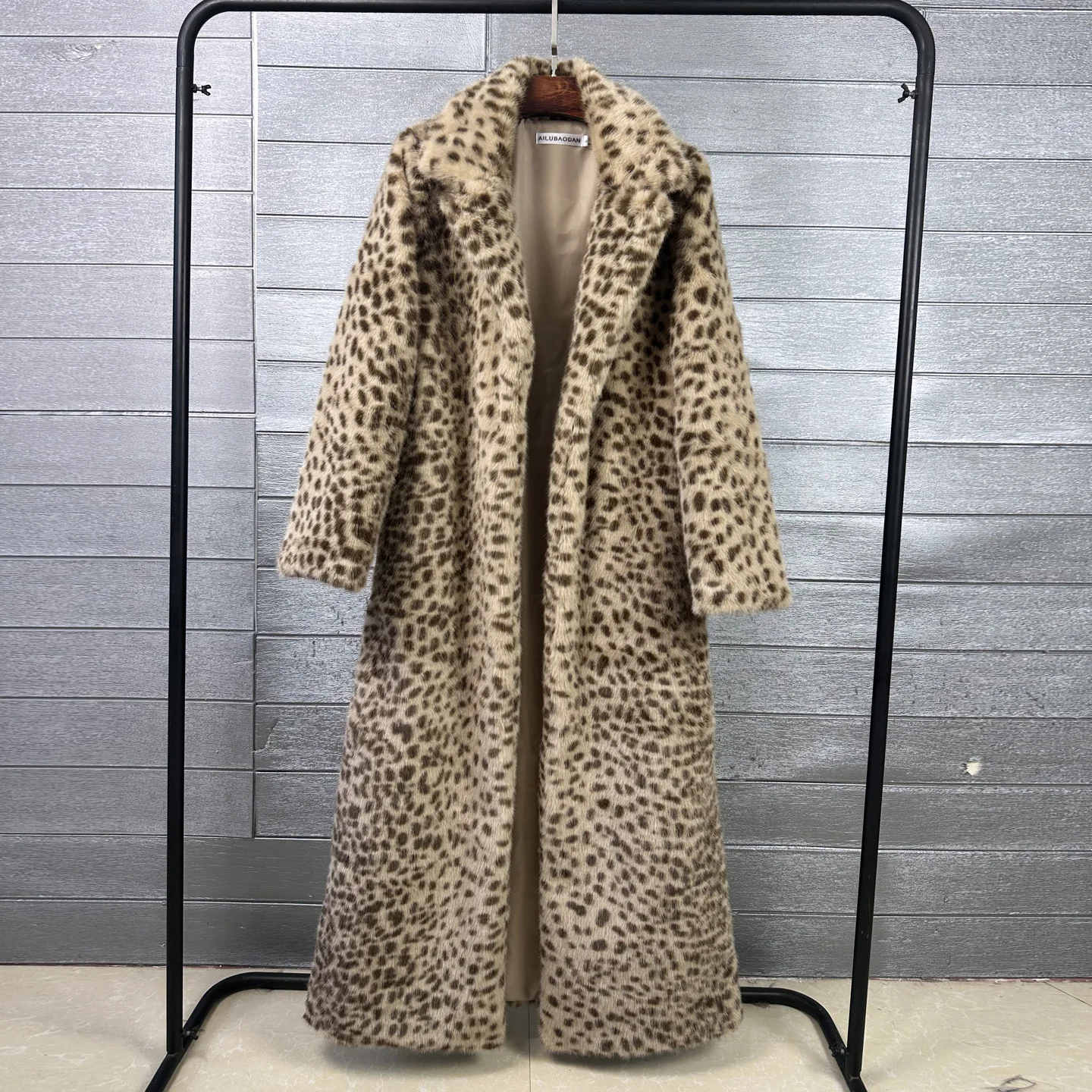 Women Extra Long Faux Mink Fur Coat Lapel Collar Cat Spot Print Fluffy Warm Winter Faux Fur Overcoat