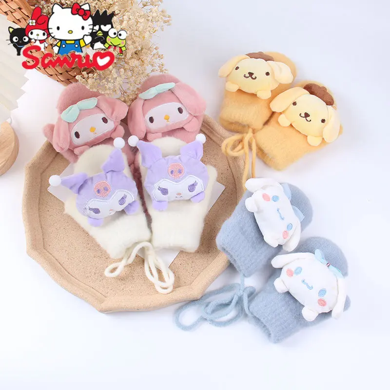 

Sanrio Kuromi Melody Cartoon Doll Kid Gloves Cinnamoroll Pochacco Children's Pile Thick Halter Cute Knitted Gloves for Boys/Girl