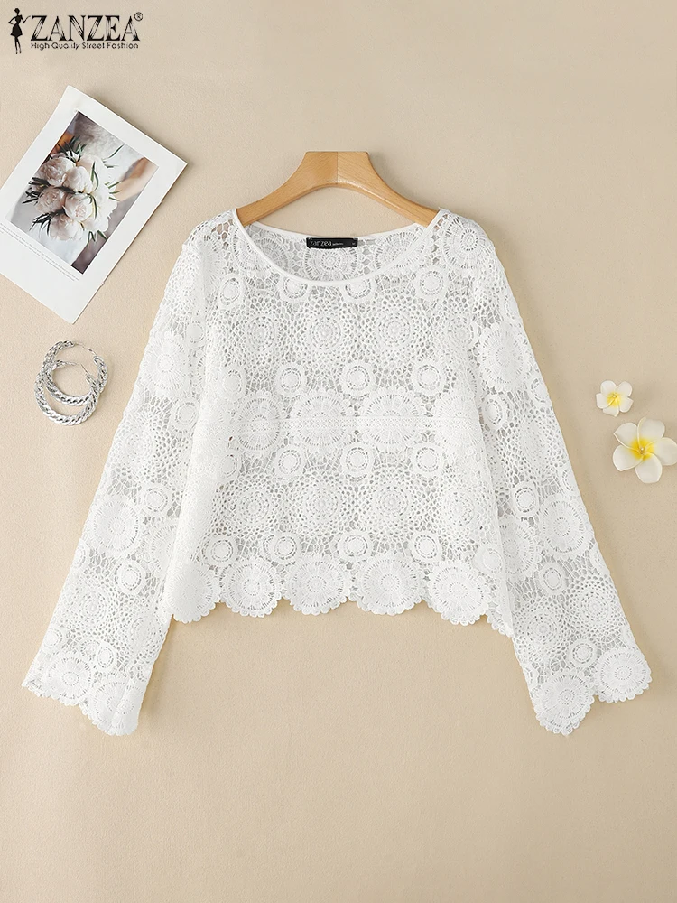 

ZANZEA Повседневная дневная одежда Blusas Mujer, вязаные крючком кружева, лето 2021, богемные блузки с круглым вырезом, модные ажурные женские топы с длинными рукавами
