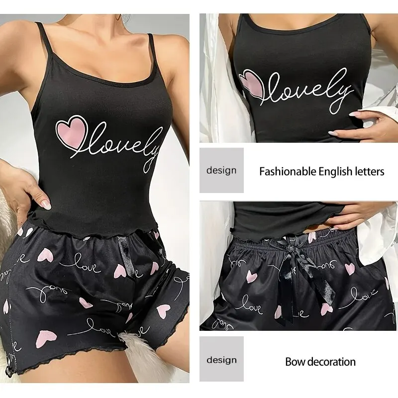 Summer Two-Piece Women\'s Camisole Printed Heart and Letter Matching Shorts Printed Love Bow Women\'s Pajama Set