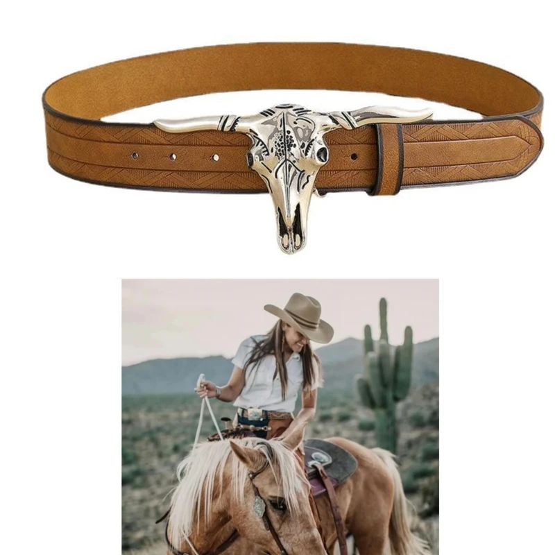 Ceinture de taille de style ethnique pour homme avec tête de taureau stéréo, ceinture de cowboy avec structure réglable, ceintures assorties pour robes et manteaux