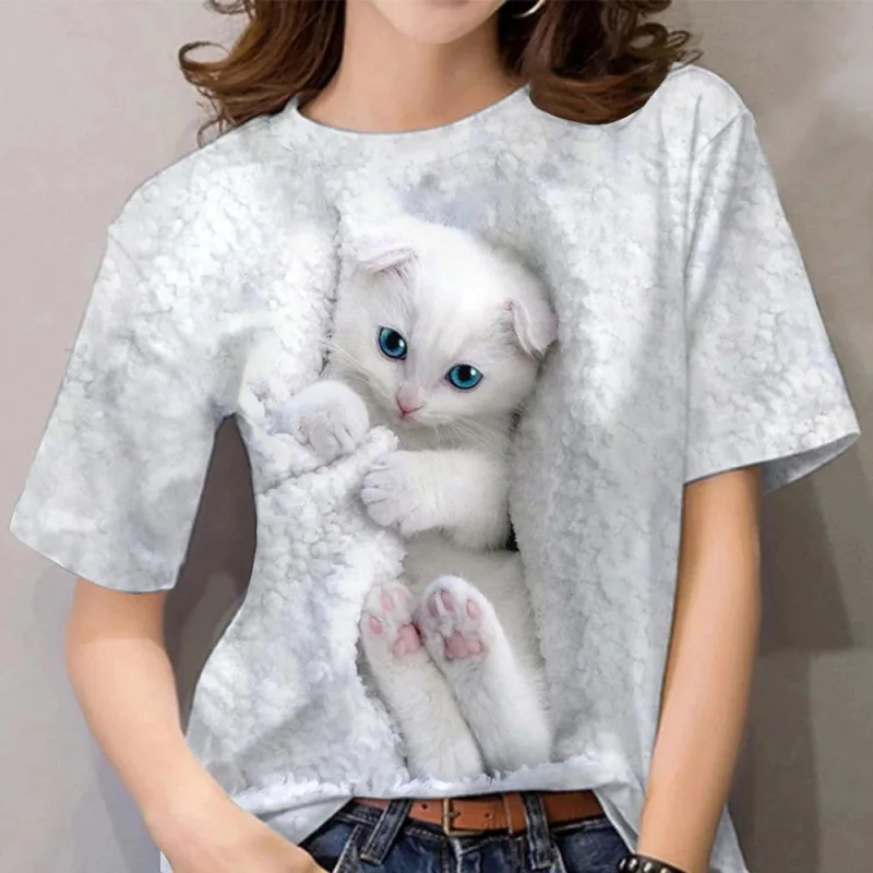 2024 European and American popular T-shirt cute cat pet 3D printed pattern women\'s short sleeved casual fashion T-shirt top wome