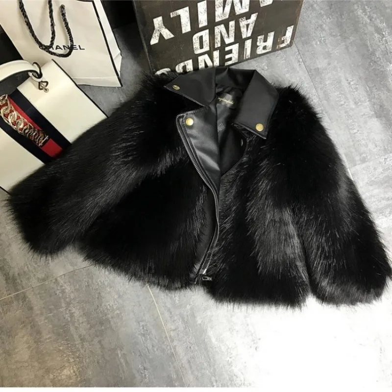 New Children's Faux Fox Skin Children's Coat Fur Men's and Women's Work Coat Fashion Lapel Casual Coat Military Green