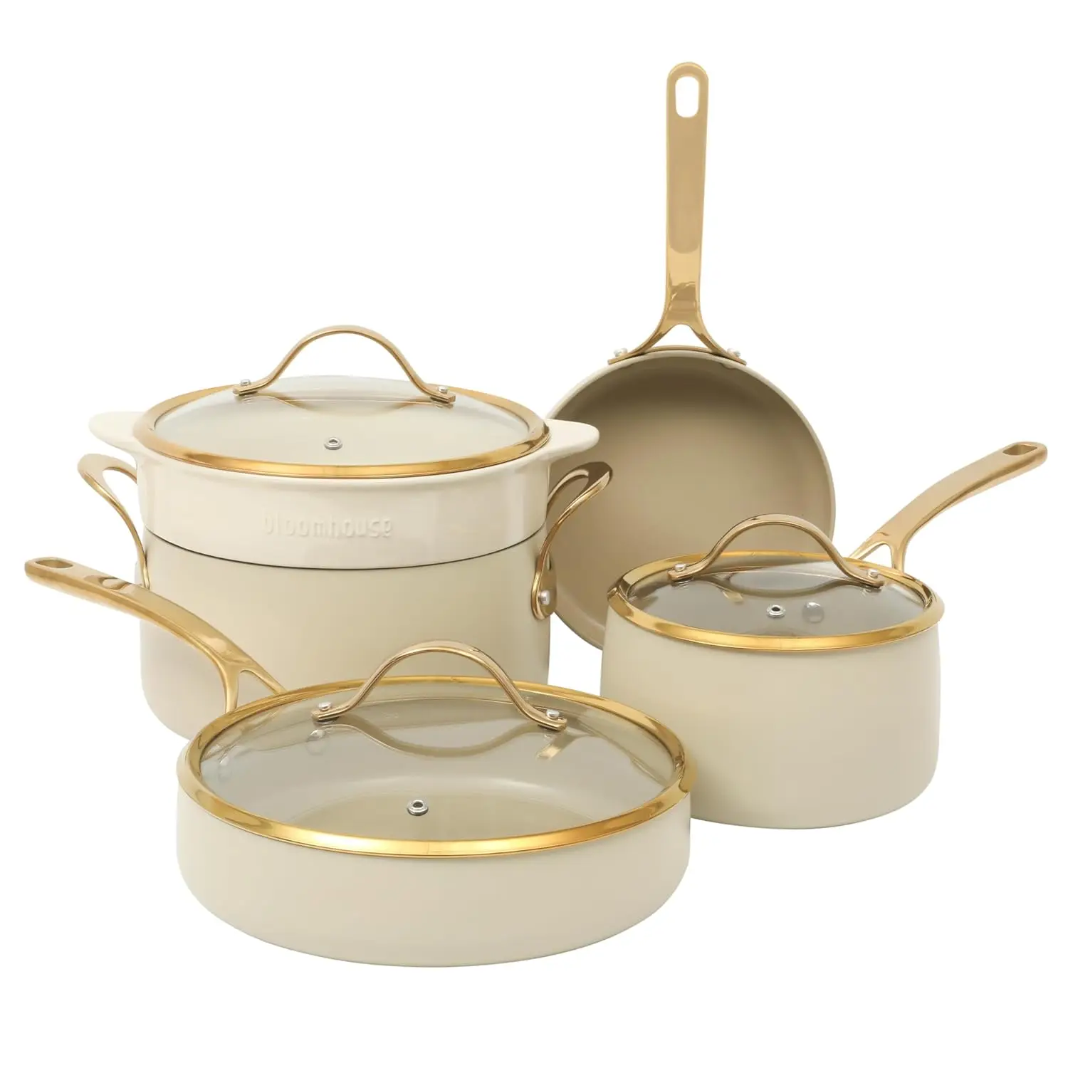 

8 Piece Pots and Pans Heavy Duty Aluminum Premium PFA Free Ceramic Nonstick Cookware Set - Almond Cream w/Gold Handle