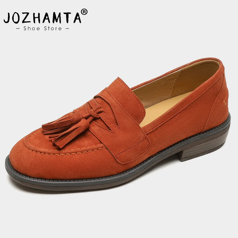 

JOZHAMTA Women Casual Loafers Shoes Suede Genuine Leather Classic Tassel Flats Shoes Spring 2025 Thick Heels Office Size 34-40