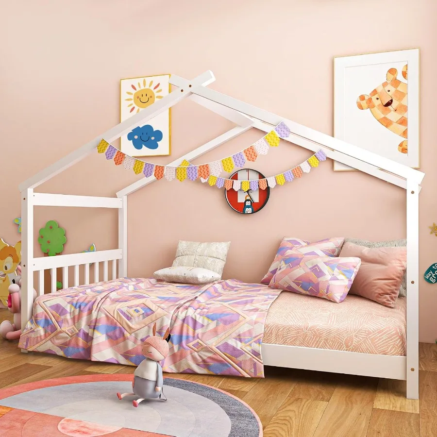 ' twin floor bed for Montessori use, made of wood with white finish, featuring house-shaped roof, headboard and footboard, no b