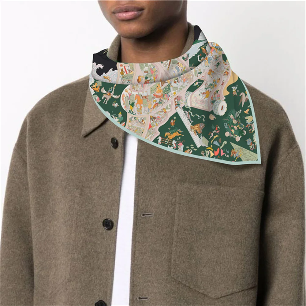 ผ้าพันคอไหมทวิลล์ ผ้าพันคอแฟชั่นสำหรับผู้หญิง ลายเพ้นท์ ผ้าพันคอสี่เหลี่ยม ผ้าคลุมศีรษะ ผ้าพันคอฮิญาบขนาดเล็ก ผ้าไหมฟูลาร์ด ผ้าคาดผม ผ้าพันคอคล้องคอ 53 ซม.