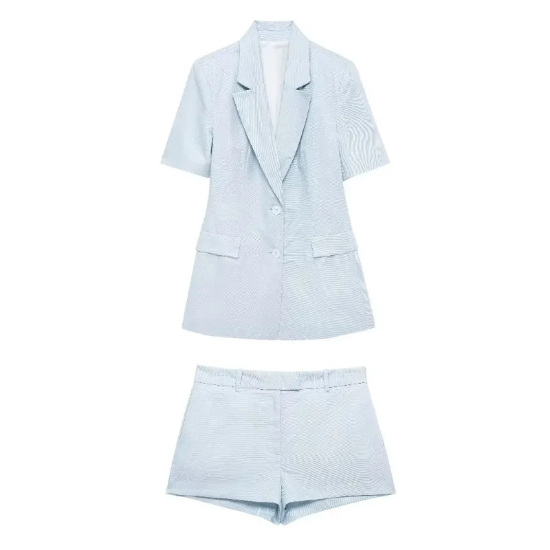 Fashion Two Piece Sets Womens Outifits 2024 Summer New Women Linen Blended Short-sleeved Slim-fit Suit Jacket Low-waisted Shorts