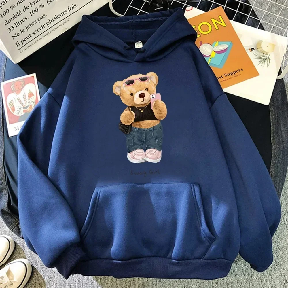 Street Teddy Bear Selfie Booty Girl Funny Plus Size Ladies Breathable Loose Hoodie Pocket Sweatshirt Soft Crew Neck Hoodie