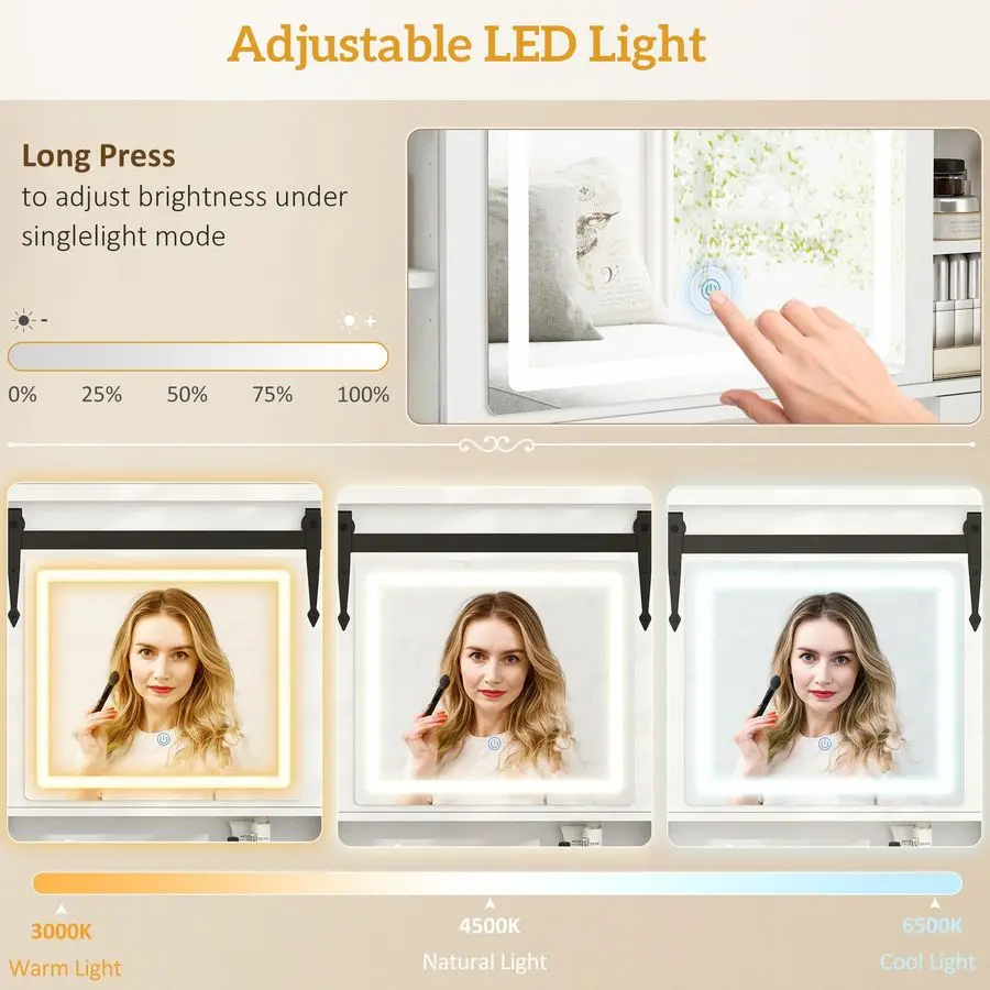 Farmhouse Vanity Desk with Mirror, Rustic Makeup Vanity Table with LED Lights, Cushioned Stool, 42 Inch Glass Tabletop, Drawers