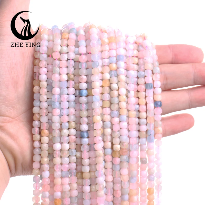 Zhe Ying 4*4 Cube Morganite Gemstone Beads Sqaure Faceted Natural Stone Beads for Bracelet Making DIY Jewelry Accessories