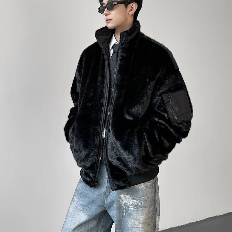 

Men's Winter Thiened Double-sided Wear Fce-lined Flight Jaet ort Sle Stand Collar Polyester Fabric Warmth-insulati...