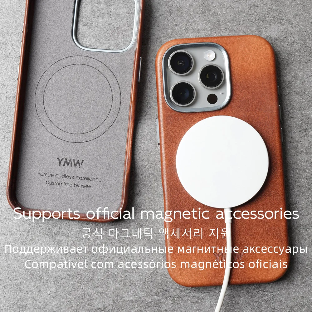 YMW Horween Dublin Genuine Leather Case for iPhone 16 / 15 Pro Max Luxury Business Vegetable Tanned Cowhide Phone Cover