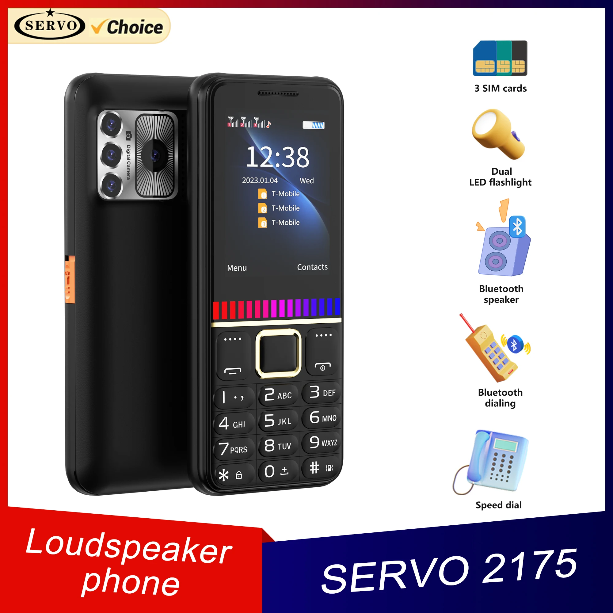 SERVO 3 SIM Card Mobile Phone large battery long standby time,Loudspeaker Bluetooth Dial Cellphone with Music Atmosphere Light