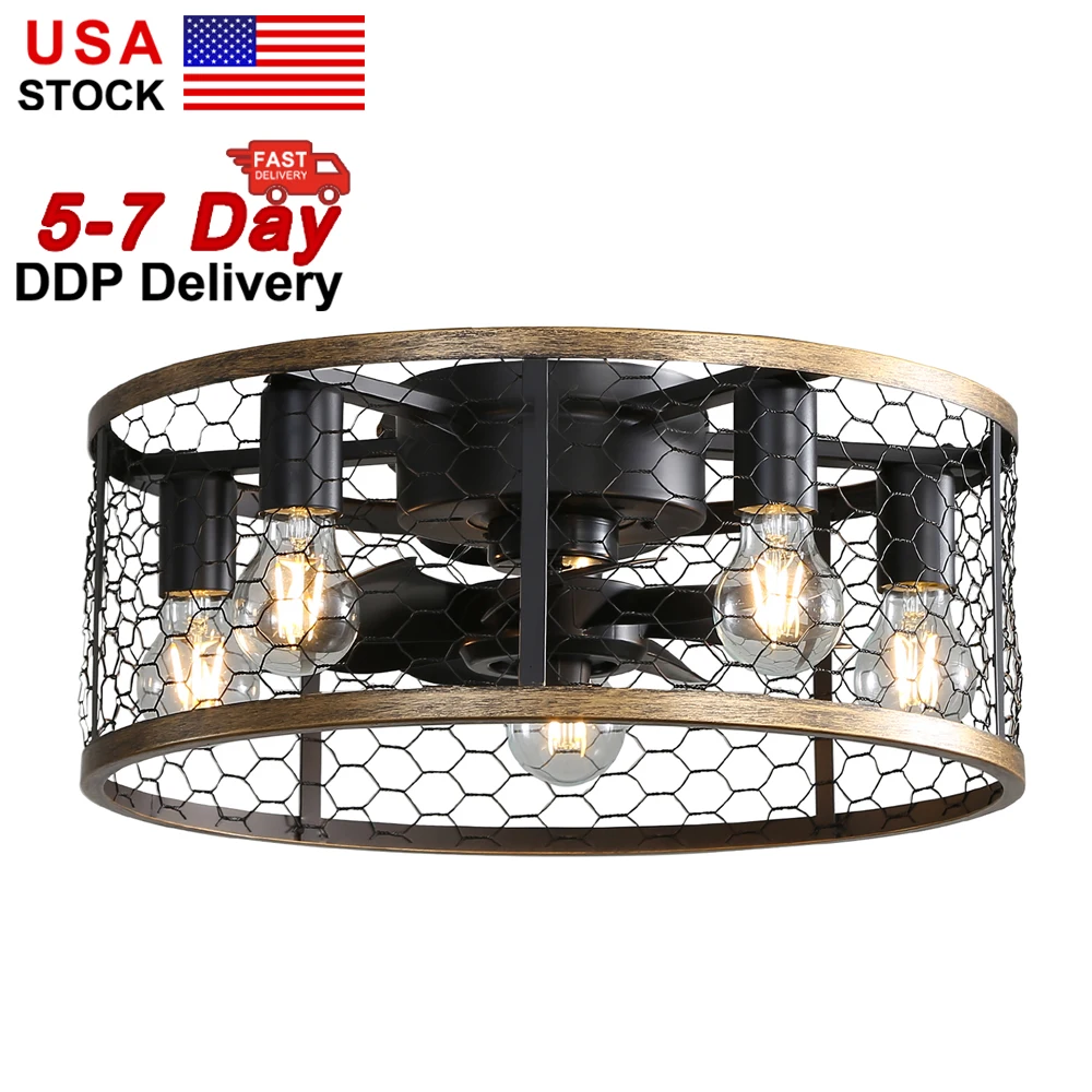 

USA In Stock Flush Mount 20 Inch Cage Remote Control Led Ceiling Fan With Light