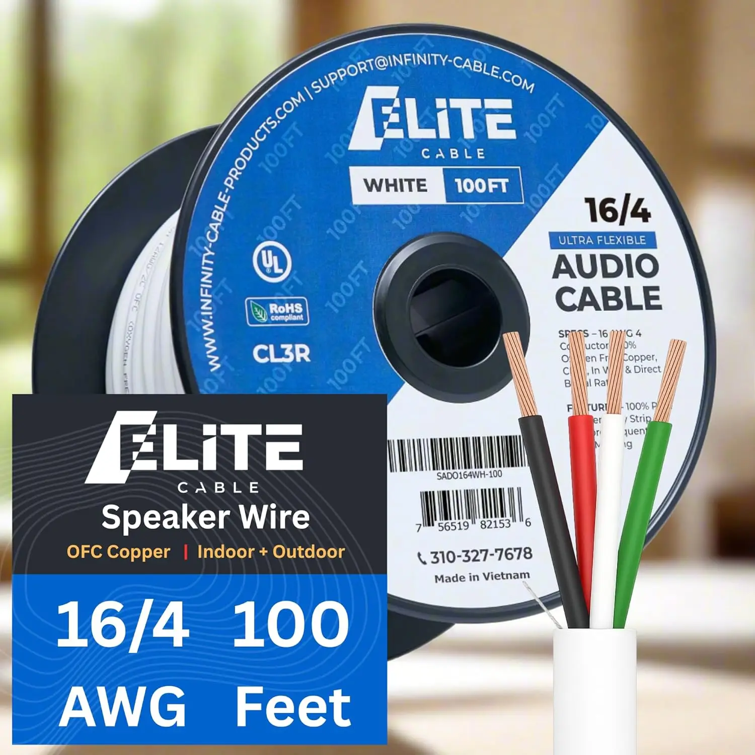 

Кабель для акустических систем 16AWG/4-жильный, 30,5 м, UL-сертифицированный CMR/CL3R для монтажа в стойках/в стенах и наружного применения, бескислородная медь