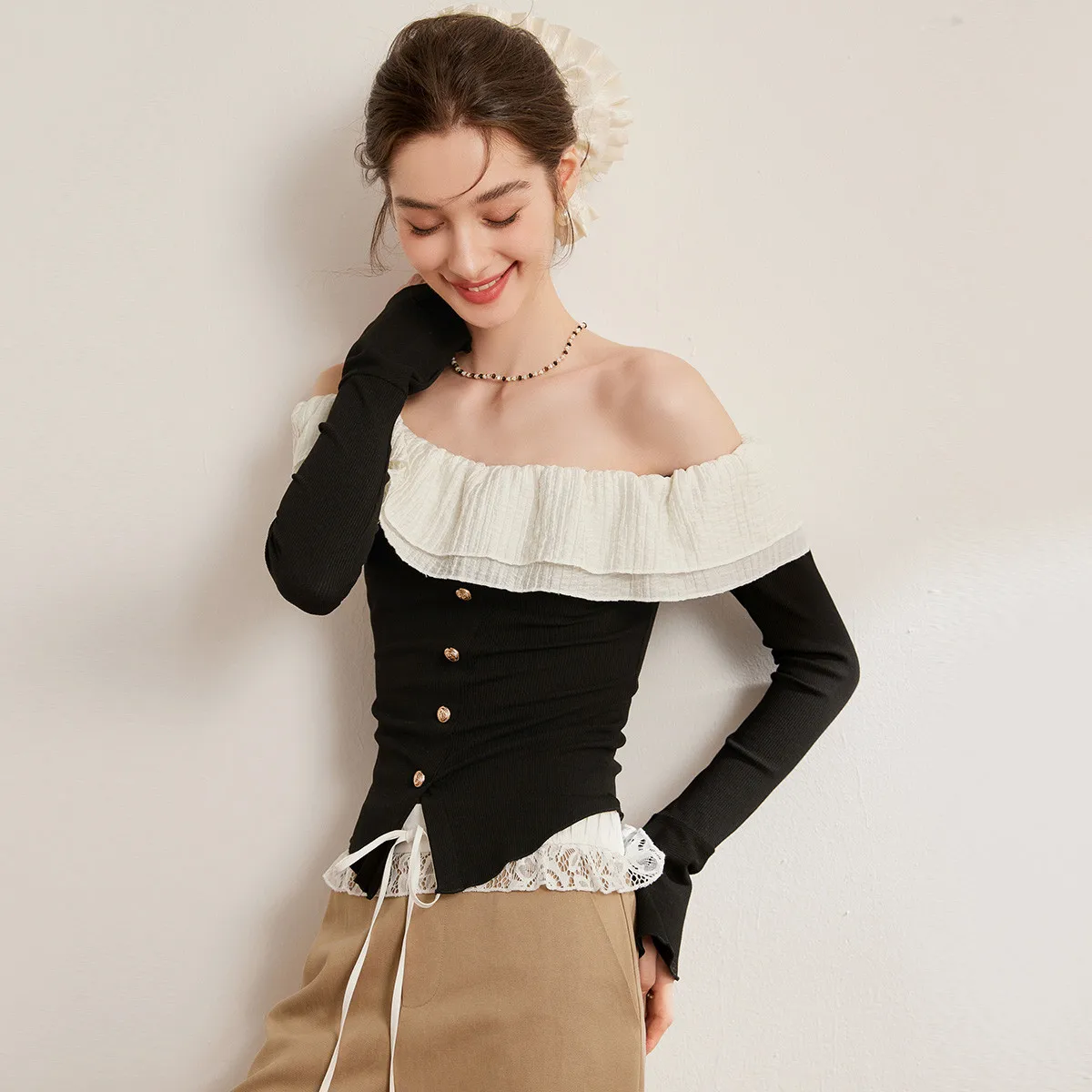 Contrast Colour Slash Neck Shirts Knitwear Fitted Edible Tree Fungus Flare Long Sleeve Women's Blouses Tops Woman Spring 2025