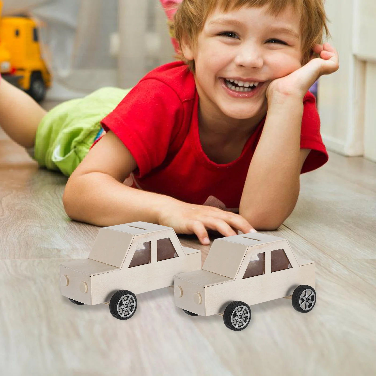 2개입 나무 자동차 모양 동전 보관함 DIY 저금통 키트 미완성 페인트 가능한 돈 상자 공예 키트 홈 장식