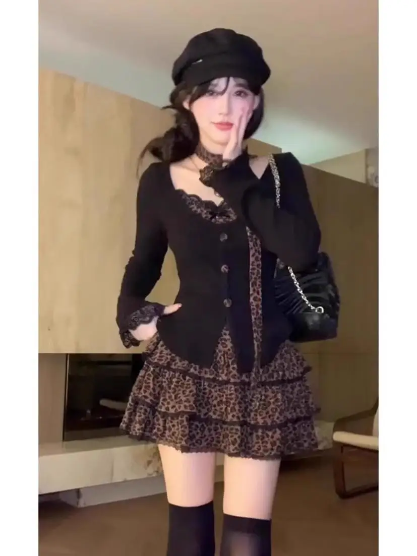 

Faionable Lace Long Sve Slim Fit Set для женщин, осень-зима, леопардовый принт, юбка-тортик, костюм из двух предметов, V Ne, верхняя одежда