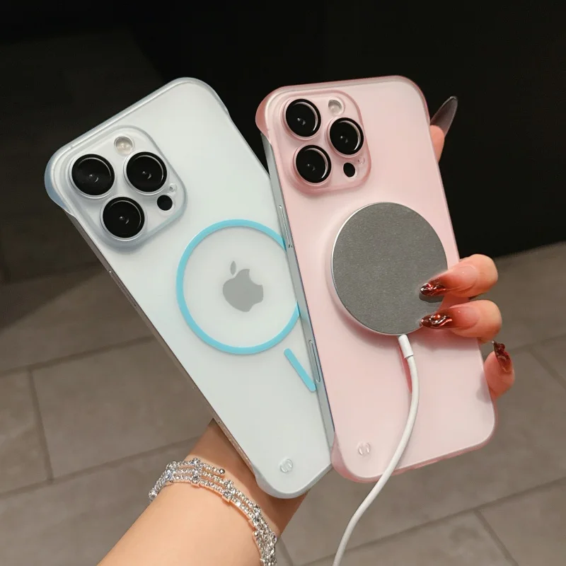 حافظة رفيعة للغاية وشفافة بدون إطار لهاتف آيفون 16 15 14 13 12 11 برو ماكس بلس غطاء بلاستيكي صلب نحيف Magsafe مقاوم للصدمات غير لامع