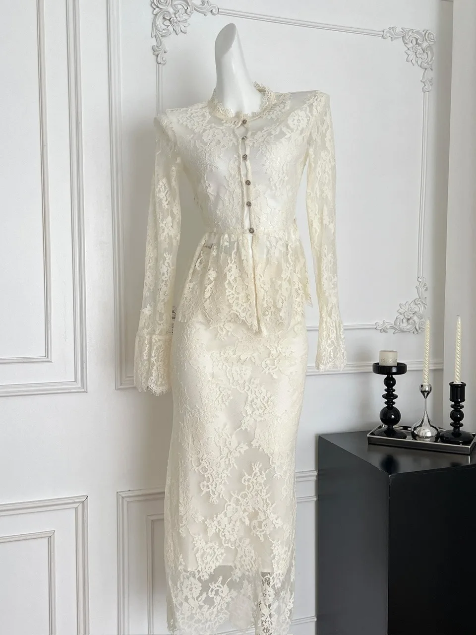 

Кружевной комплект с высокой талией Long Sve, женский комплект из топа и юбки, модная облегающая коллекция Sle, ранняя осень