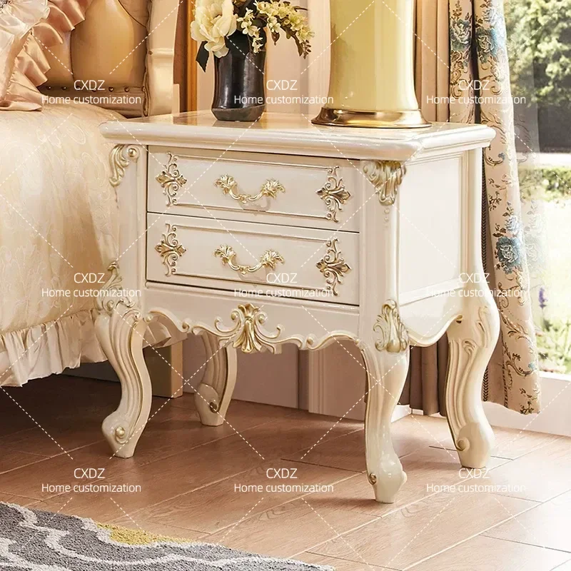European Style Pearlescent Paint Solid Wood Bedside Table Carry Shaped Double Door White Nightstand Small Cabinet French