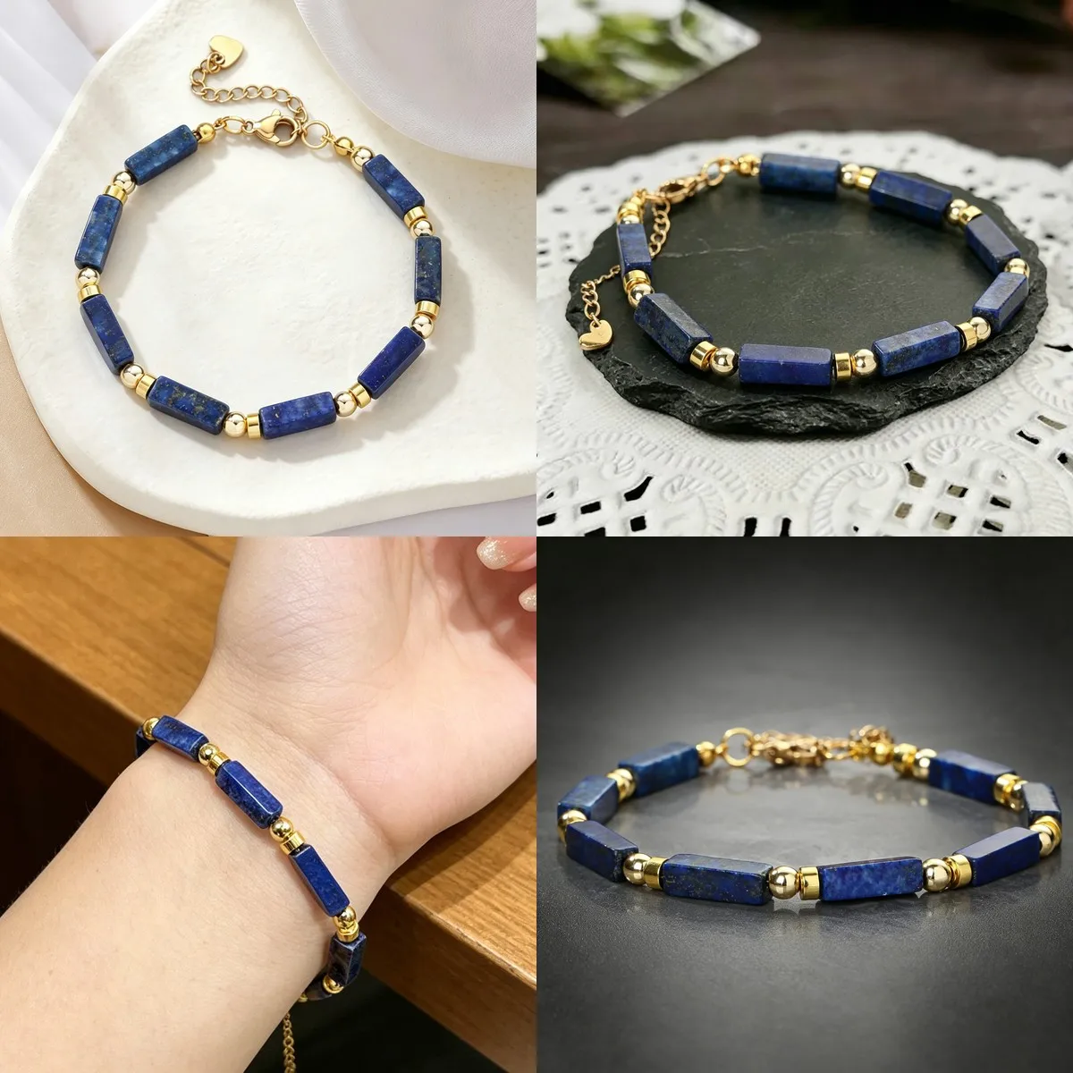 Natural Lapis Lazuli Beaded Bracelet with Gold Spacer Beads, Lobster Clasp Closure – for women