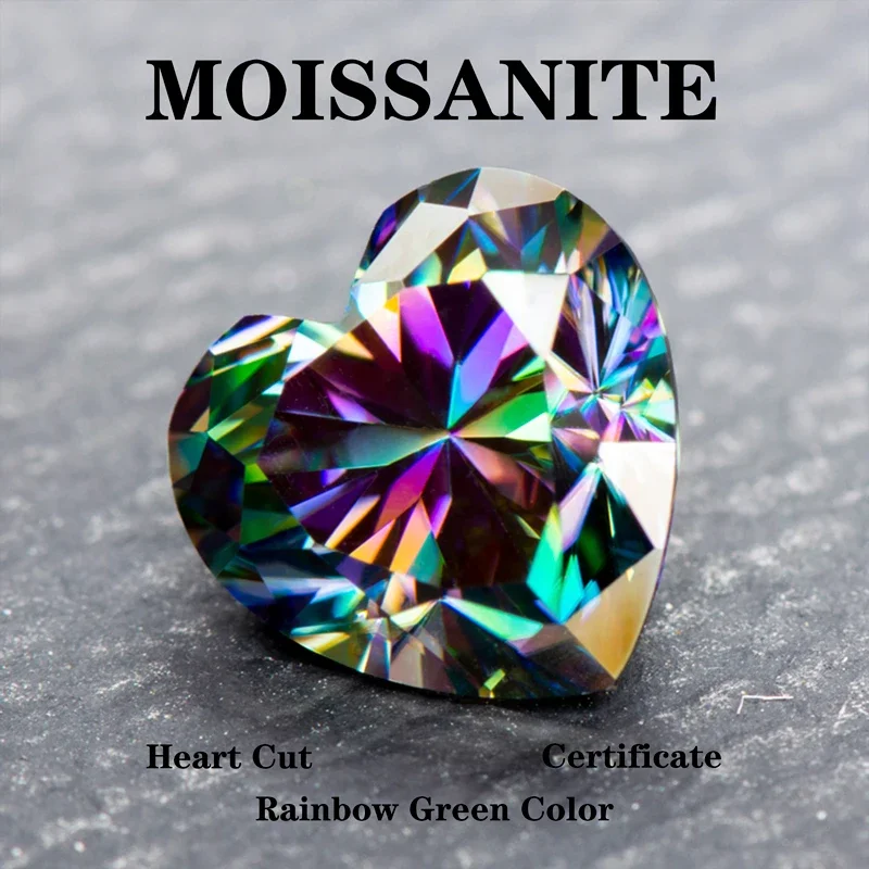 Pietra Moissanite Taglio a cuore Colore verde arcobaleno Qualità estremamente lucida Ciondoli avanzati Gioielli Anelli Orecchini Creazione di