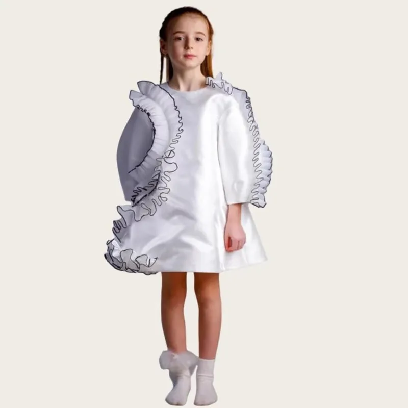 

Модное белое платье с рюшами для девочек, элегантное французское платье принцессы с бантом A4977