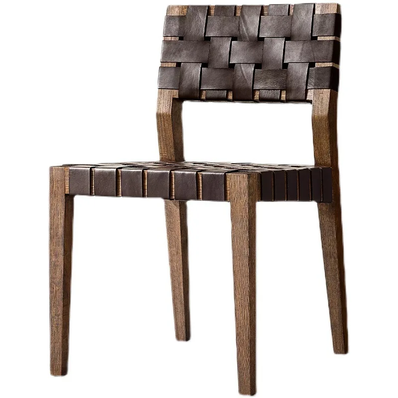 American rural retro old solid wood dining chair modern simple cowhide book chair